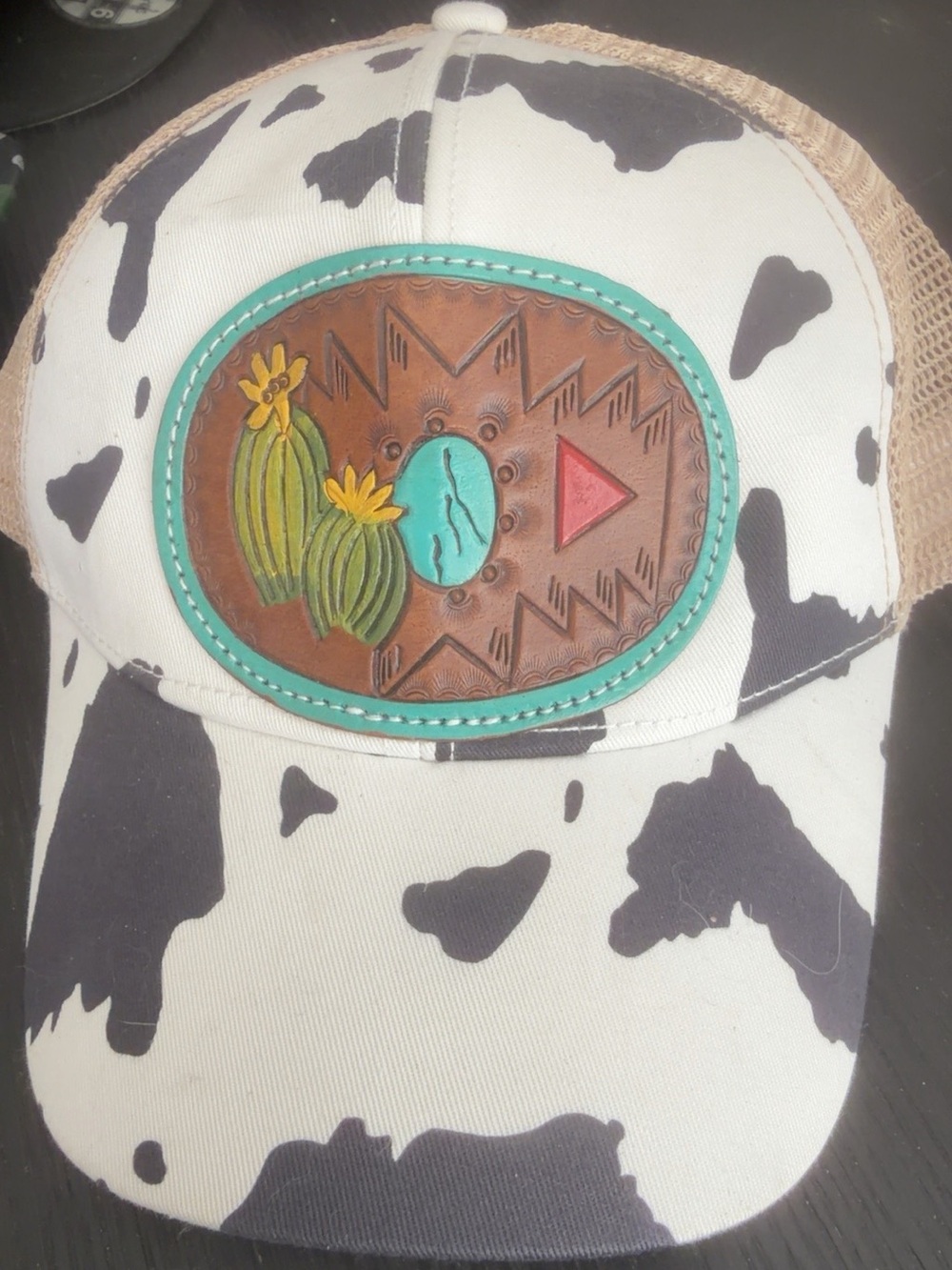 Myra Cactus White Cow Print Trucker Hat Western Turquoise Leather Patch NWT
